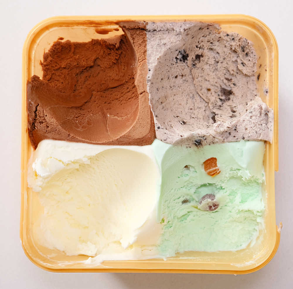 Partially eaten container of Awesome Foursome Family Classic Ice Cream.