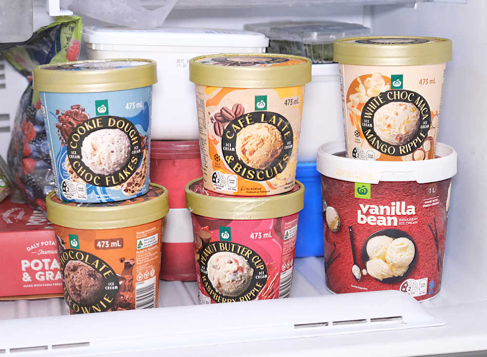 A freezer will the full Woolworths range of ice cream.