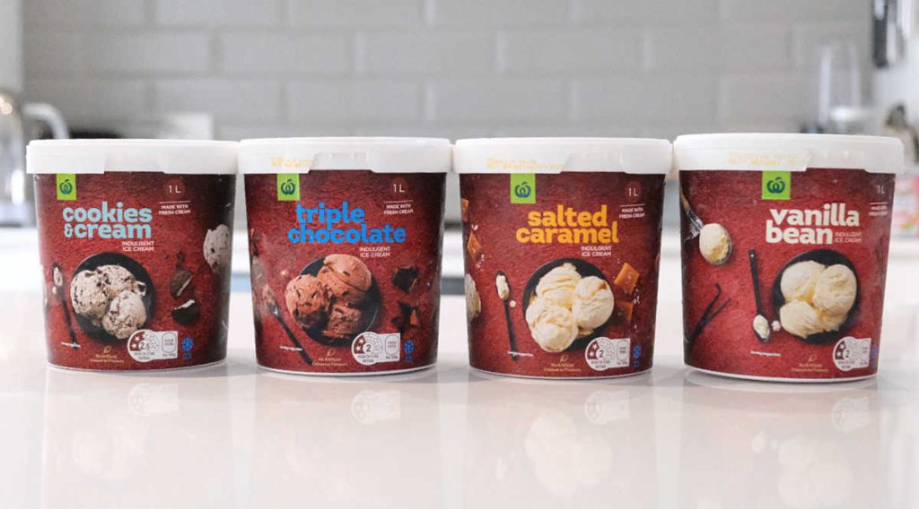 A row of ice cream tubs from the Woolworths range.