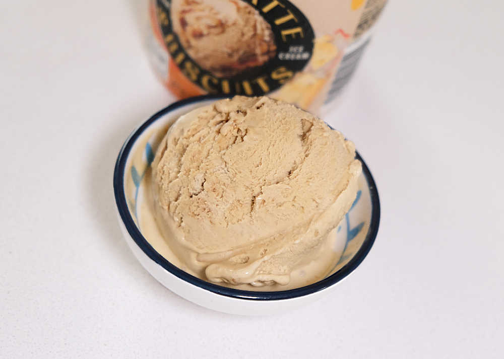 A bowl filled with coffee ice cream with the tub in the background.