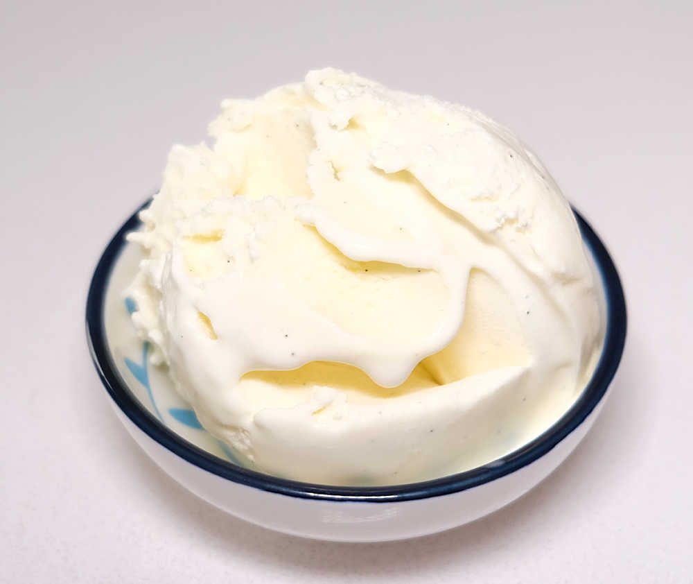 A small bowl filled with vanilla bean ice cream.
