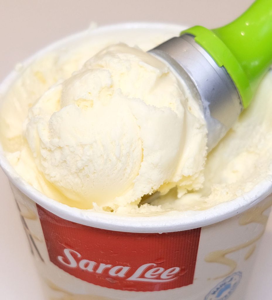 Closeup of a scoop of creamy French Vanilla Ice Cream made by Sara Lee.