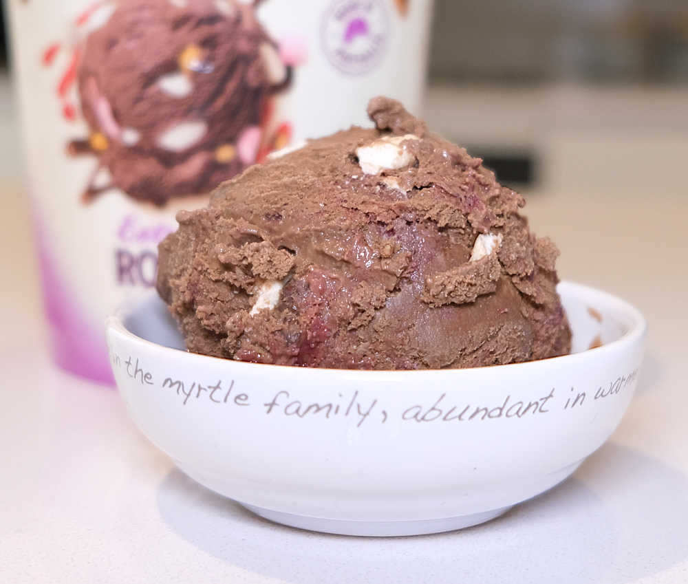 A bowl of Sara Lee Rocky Road Ice Cream with the container in the background.