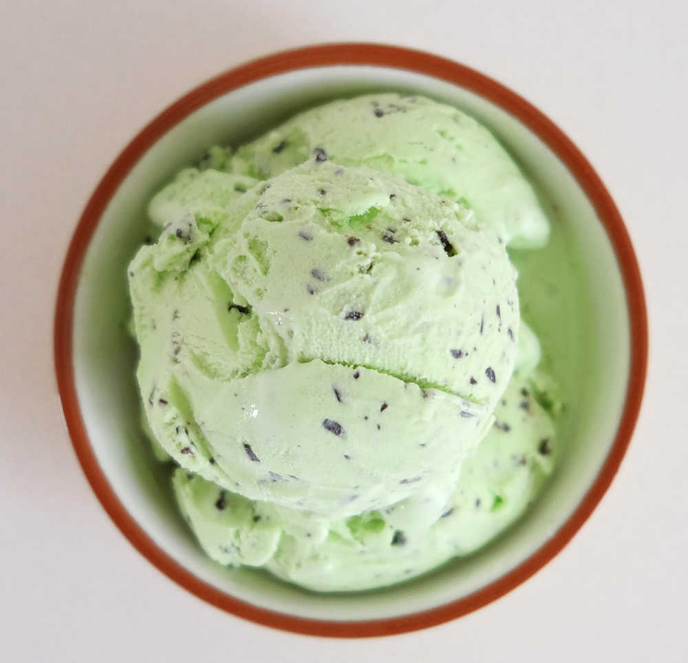 Top down image of a small bowl of Creamy Classics Mint Choc Chip.