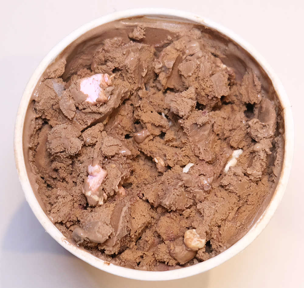 Top down photo showing what's in a pack of Rocky Road Ice Cream by Sara Lee.