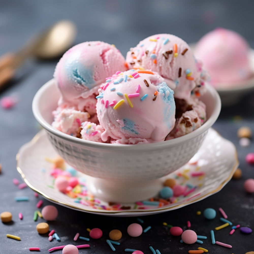 Cotton candy ice cream in a bowl with sprinkles.