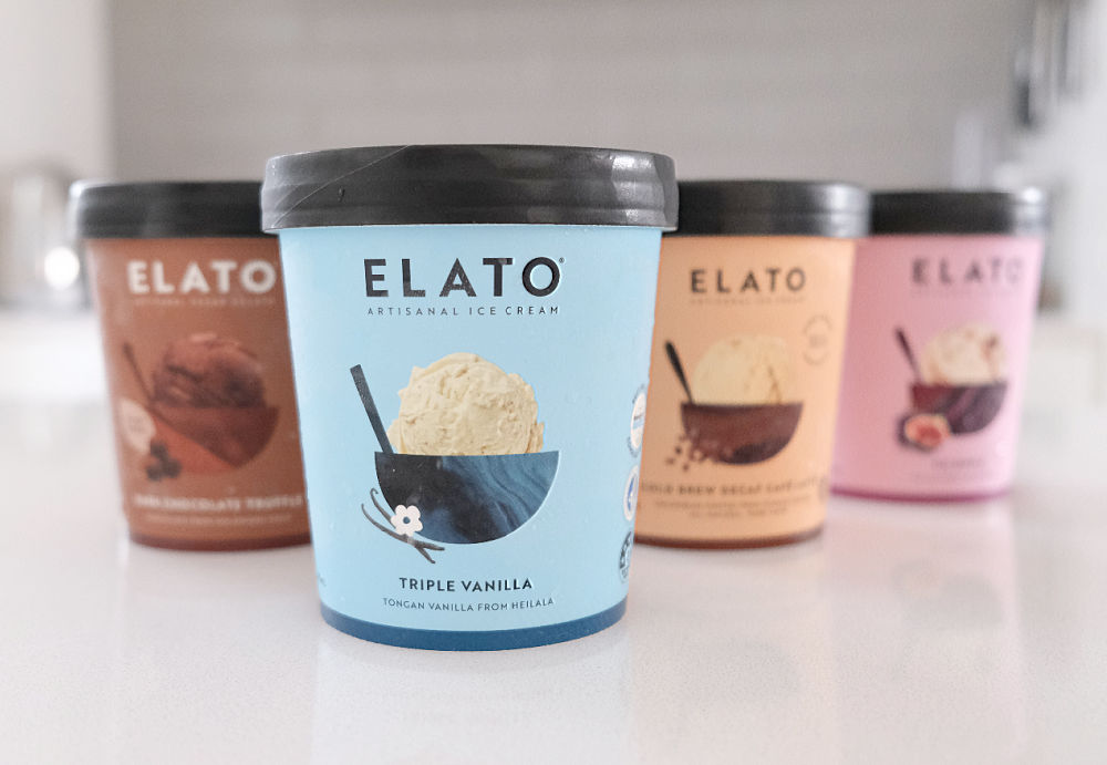All the Elato range on a white kitchen bench with the Triple Vanilla variant at the front.