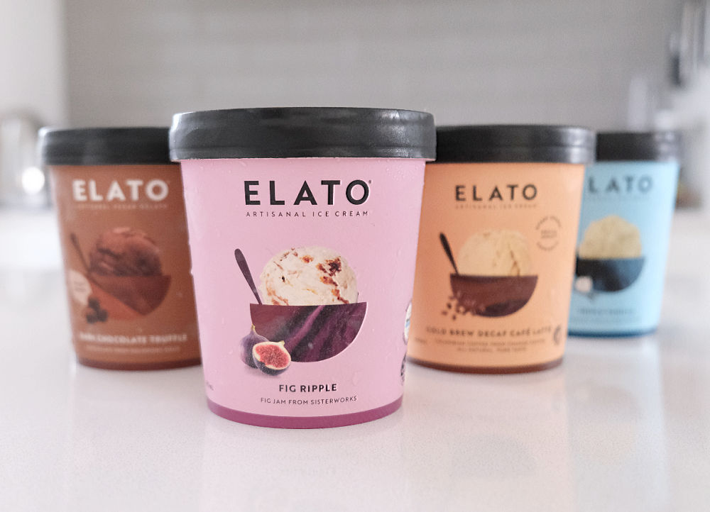 The full range of Elato ice cream variants on a kitchen bench.