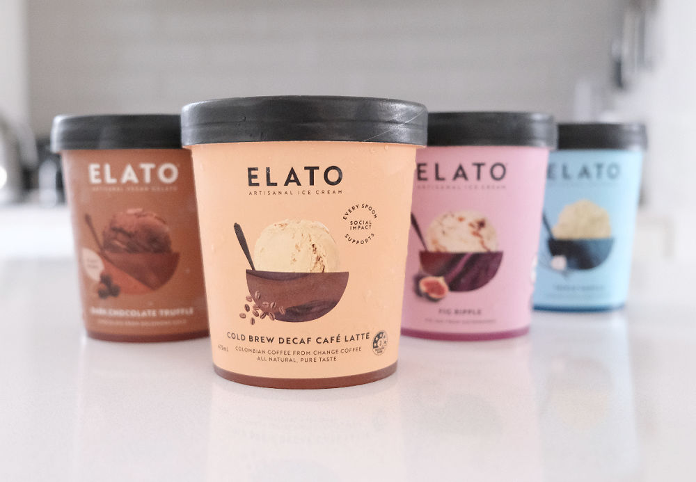 A row of Elato ice cream tubs on a benchtop.