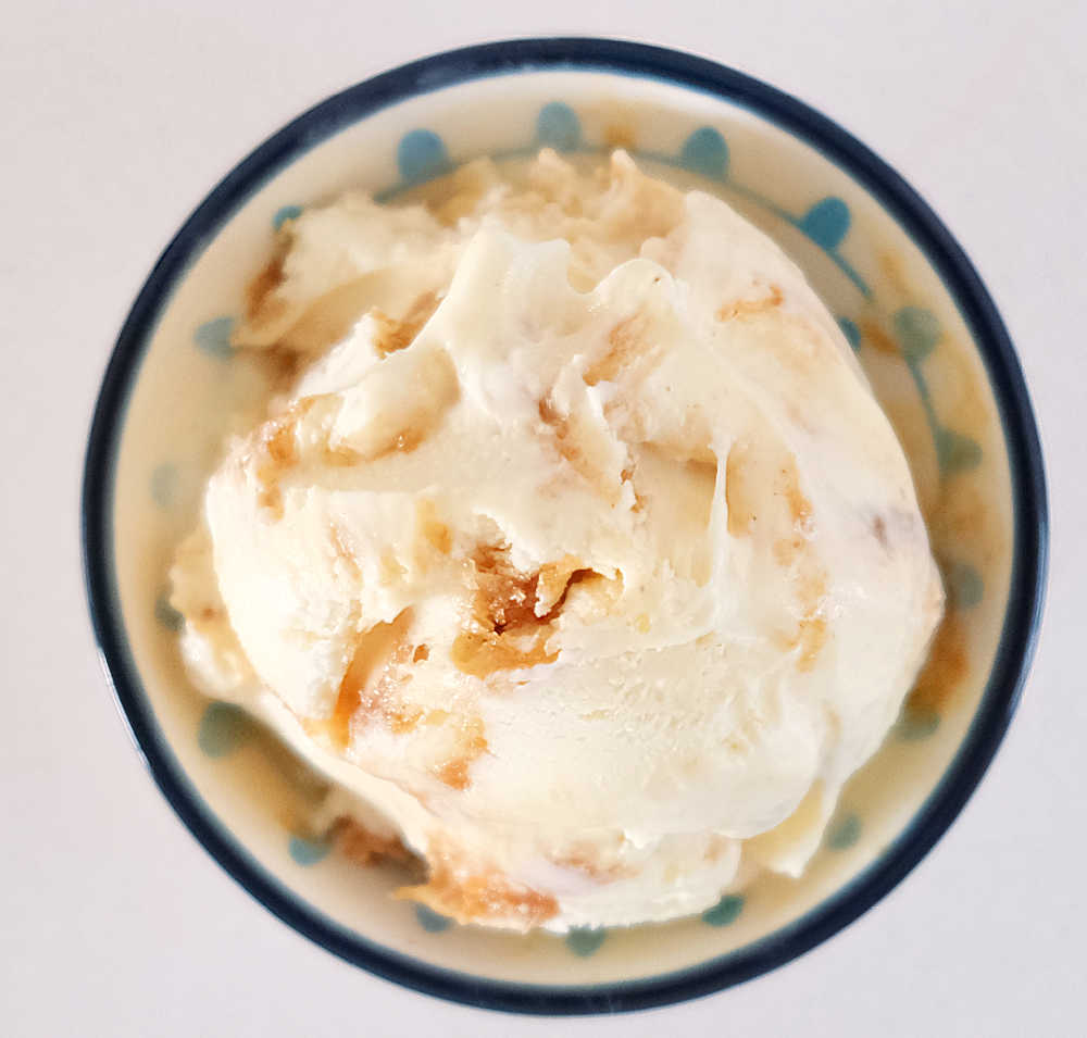 Top down image of a bowl of fig jam ice cream.