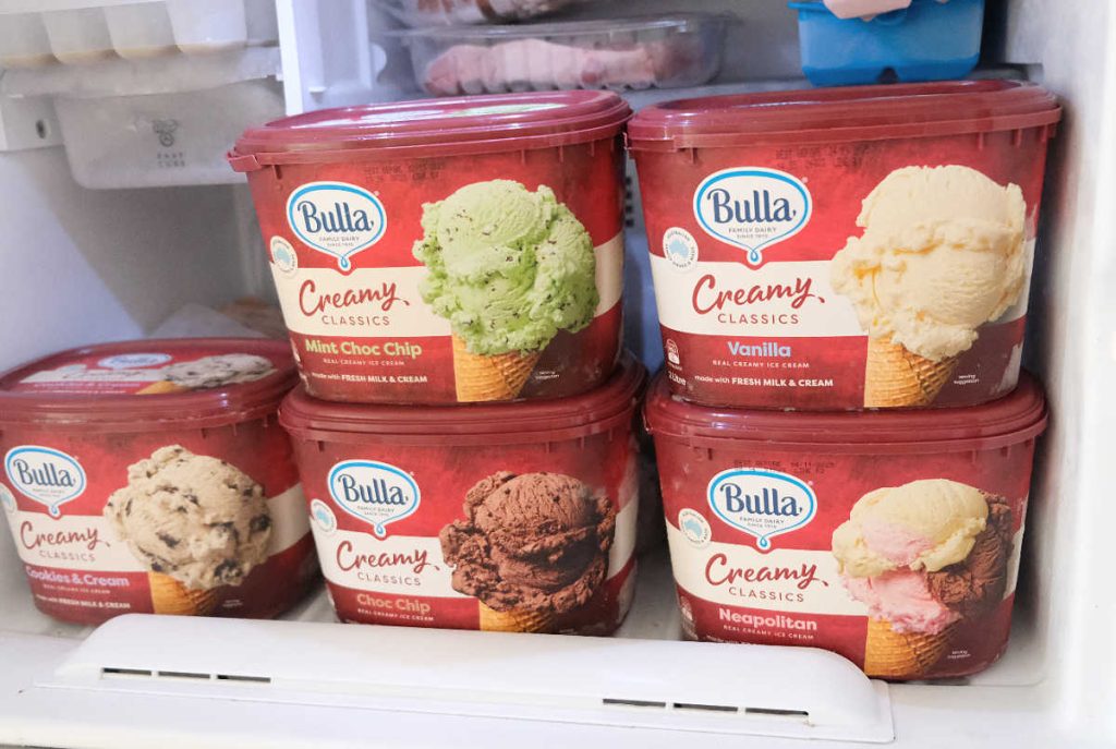 A home freezer packed with the Bulla Creamy Classics range.