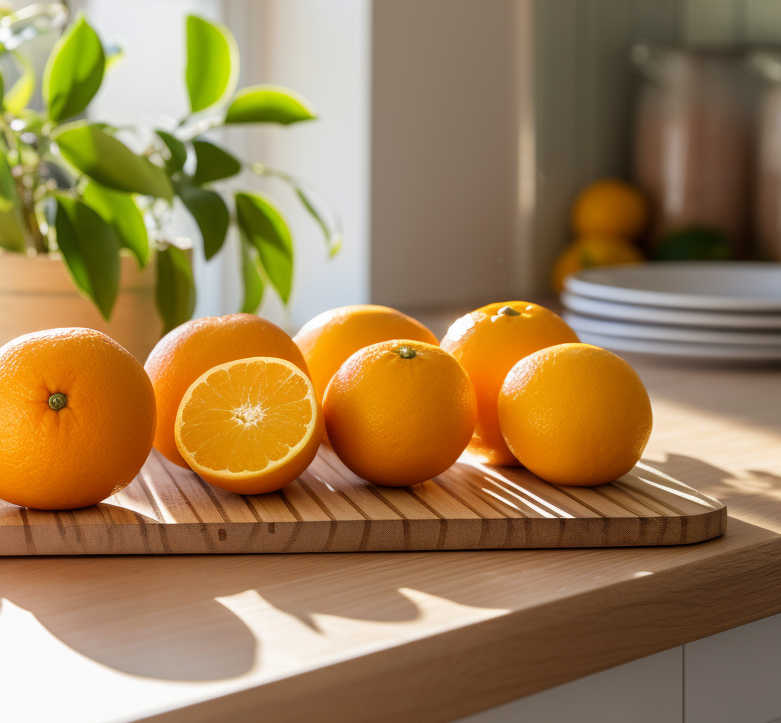 Fresh oranges on a chopping board in the kitchen.