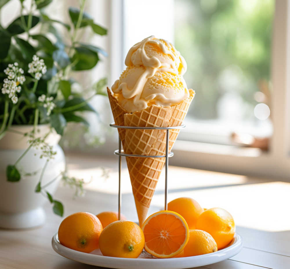 A cone with orange ice cream sitting in a stand.