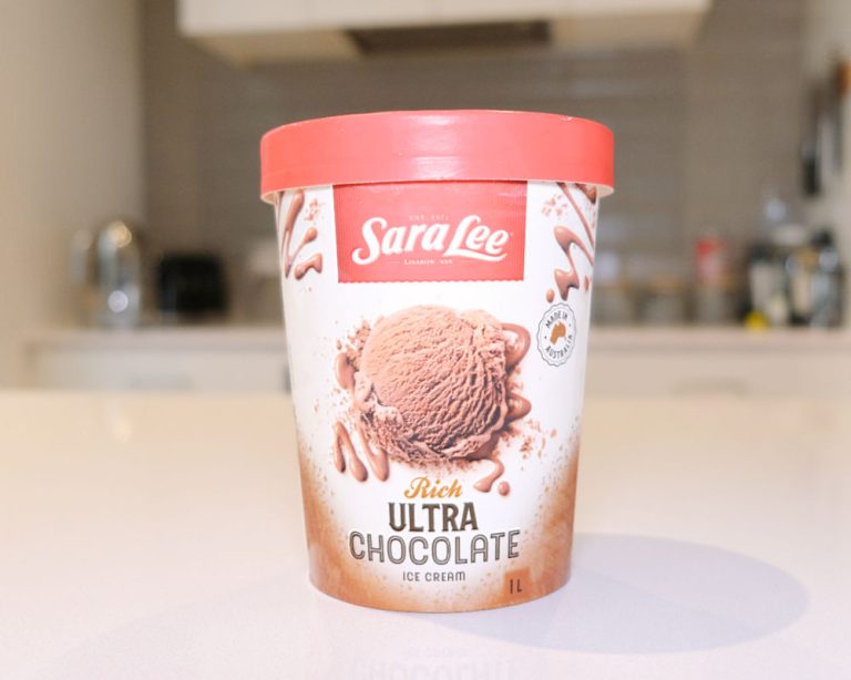 A pack of Sara Lee Rich Ultra Chocolate Ice Cream on a kitchen bench.