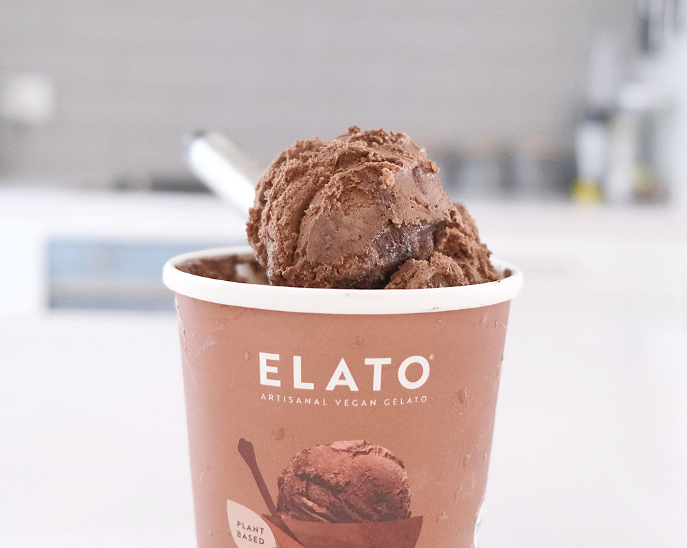 A scoop of Elato Dark Chocolate Truffle sitting on the container.