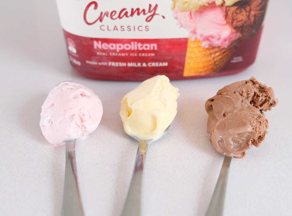 Three spoons with each flavour of Bulla Neapolitan.