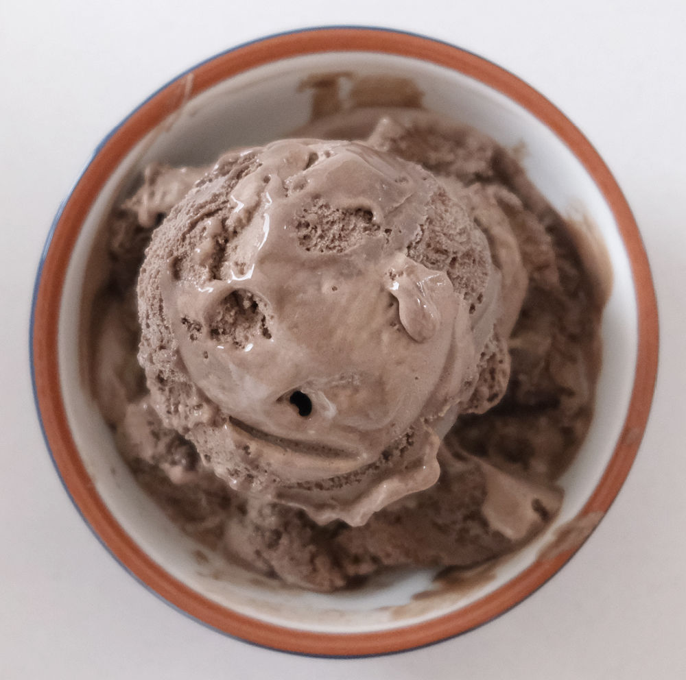 Top down photo of Blue Ribbon Classic Chocolate Ice Cream in a bowl.