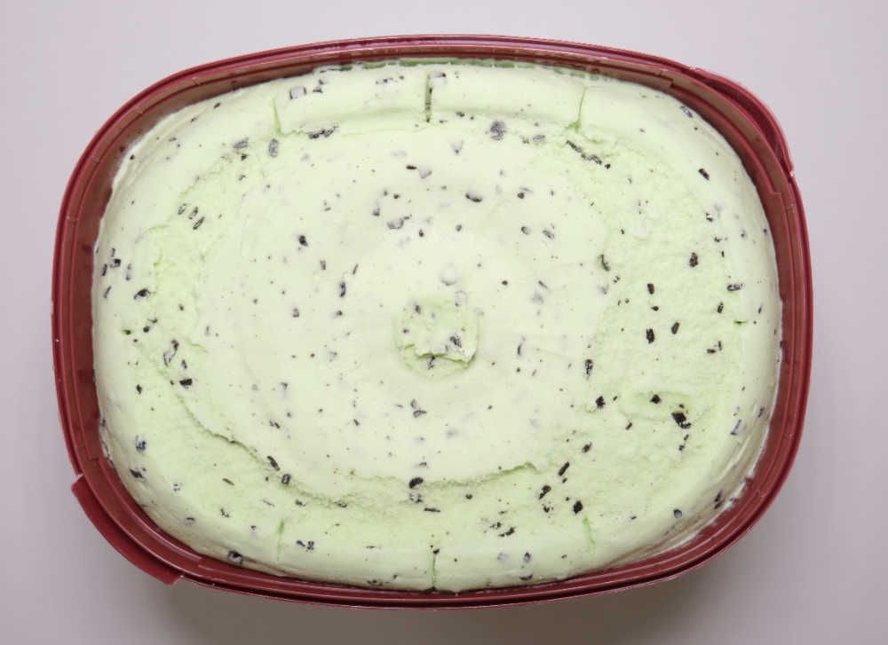 A top down photo of the unscooped mint ice cream.
