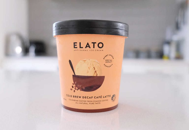 A tub of Elato Cold Brew Decaf Cafe Latte Ice Cream on the kitchen bench.
