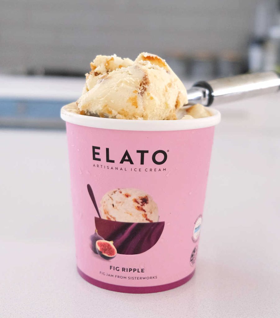 A vertical photo of a scoop of Elato Artisinal Fig Ripple Ice Cream resting on the top of the container.