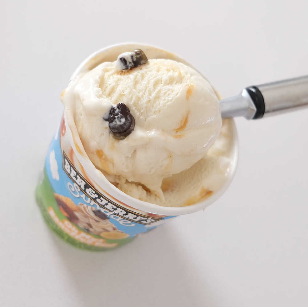 Closeup look at softened BJ Banoffee Ice Cream.