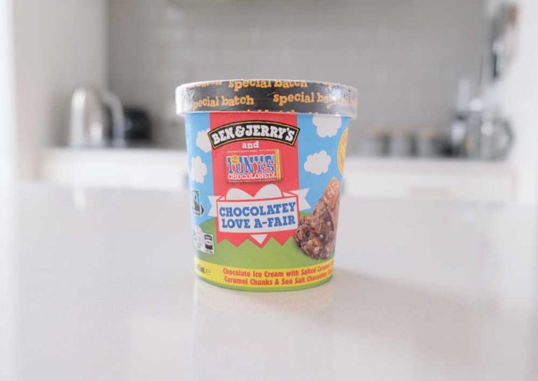 A pint of Ben & Jerry's Chocolatey Love A-Fair sitting on the kitchen bench.