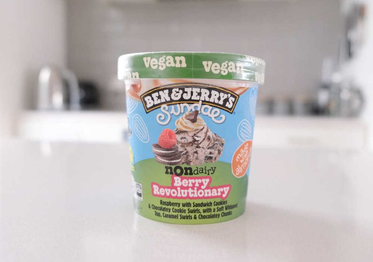 A pint of Ben & Jerry's Non Dairy Berry Revolutionary sitting on the kitchen bench top.