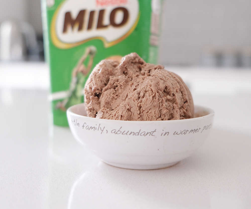 A bowl of Milo ice cream with the packaging in the background.
