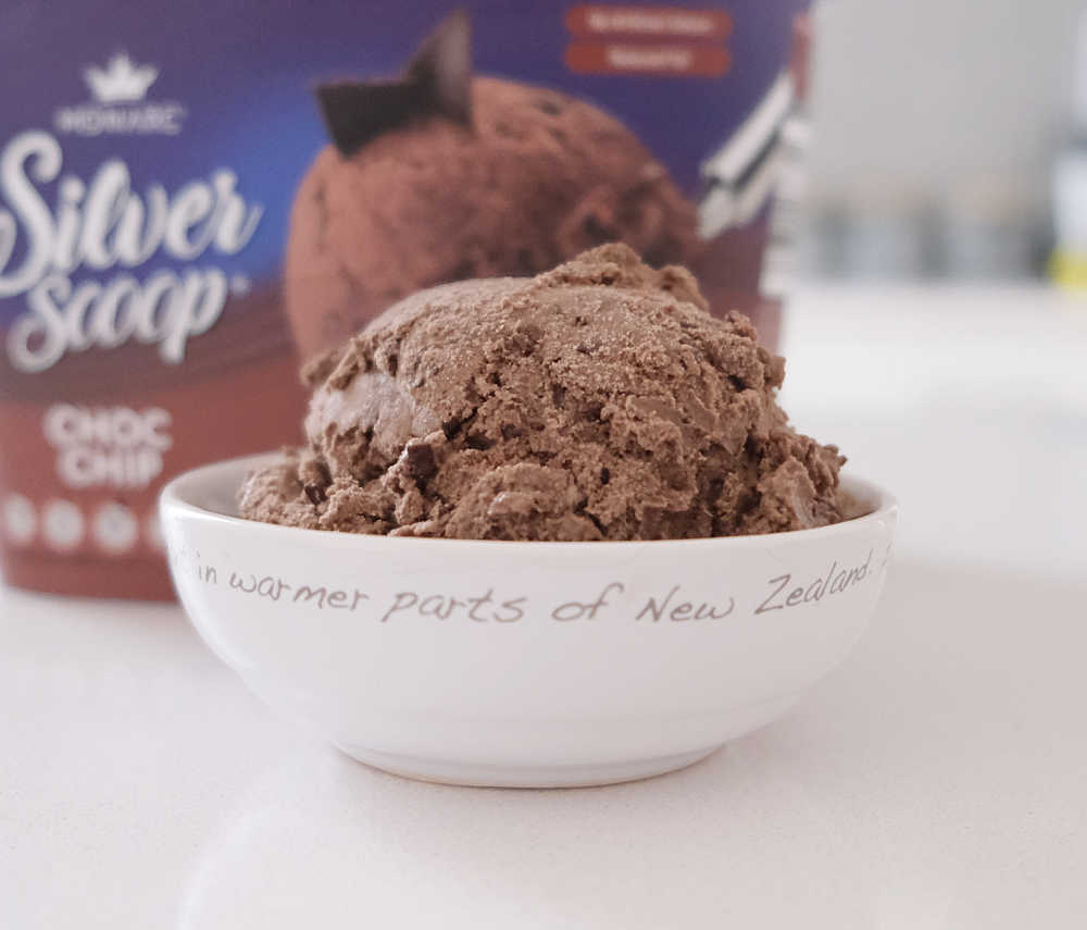 A bowl of Silver Scoop Choc Chip with the pack in the background.