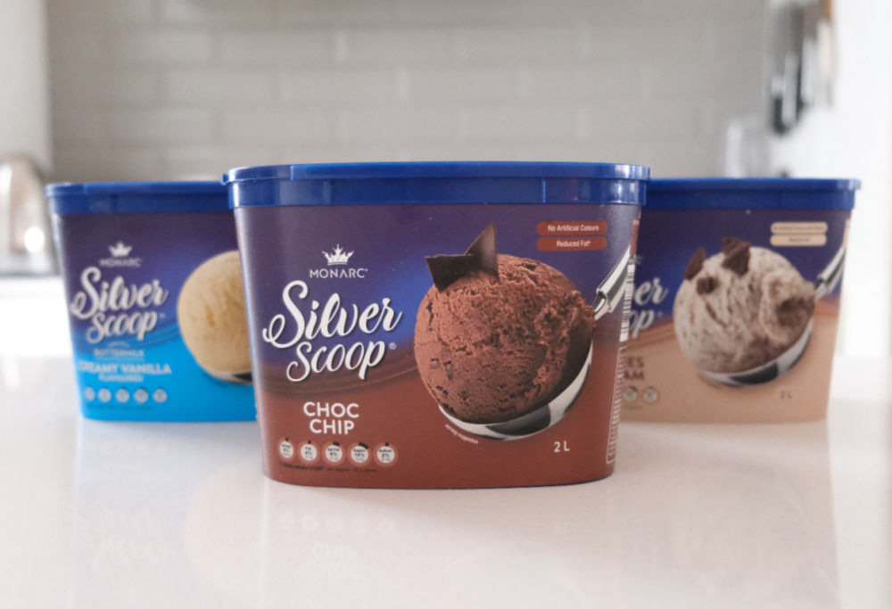 A range of Silver Scoop tubs with the Choc Chip variant at the front.