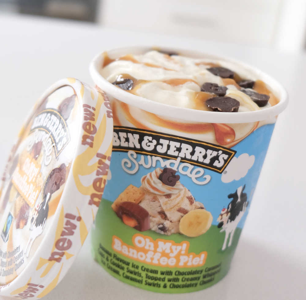A container of Ben & Jerry's Oh My Banoffee 427ml with the lid removed.