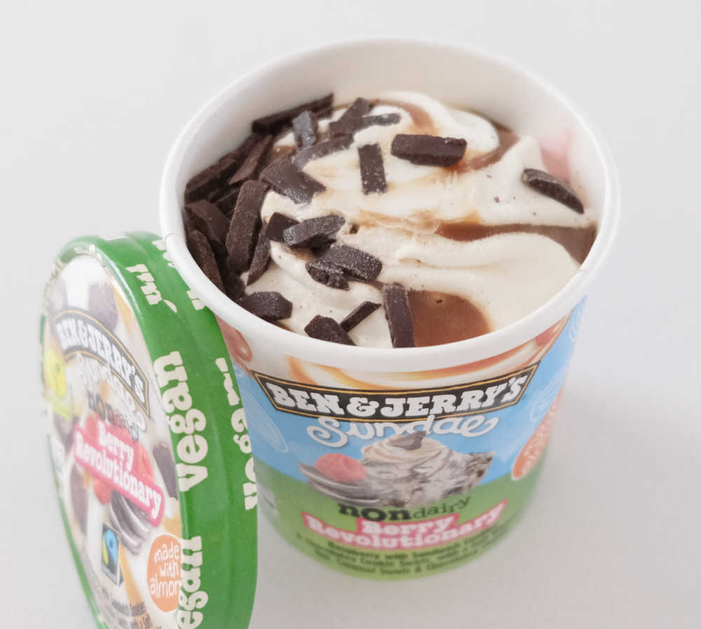 An unscooped pint of Ben & Jerry's Non Dairy Berry Revolutionary.