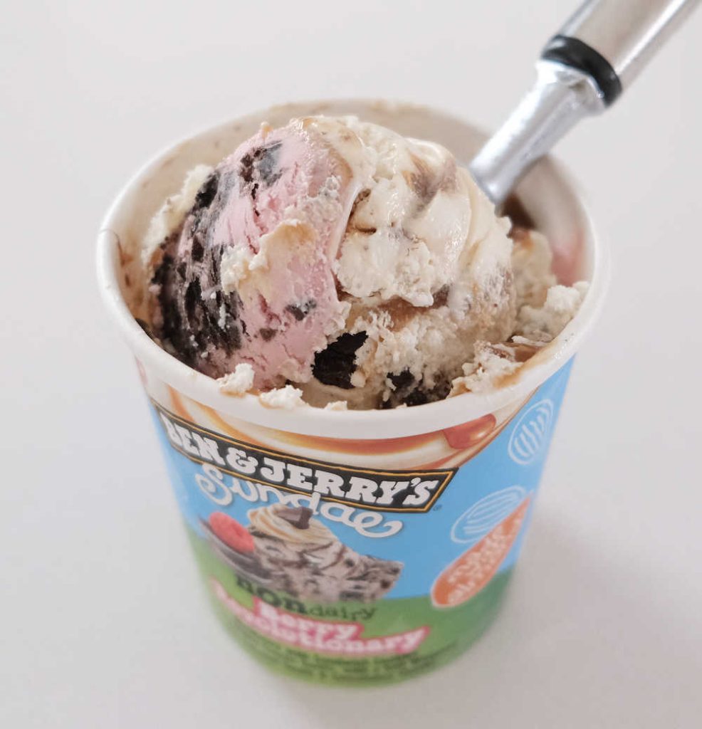 A top down pint of Ben & Jerry's Sundae Non Dairy Berry Revolutionary.