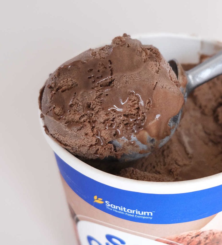 Closeup of a scoop of So Good Chocolate Dairy-Free Frozen Dessert.