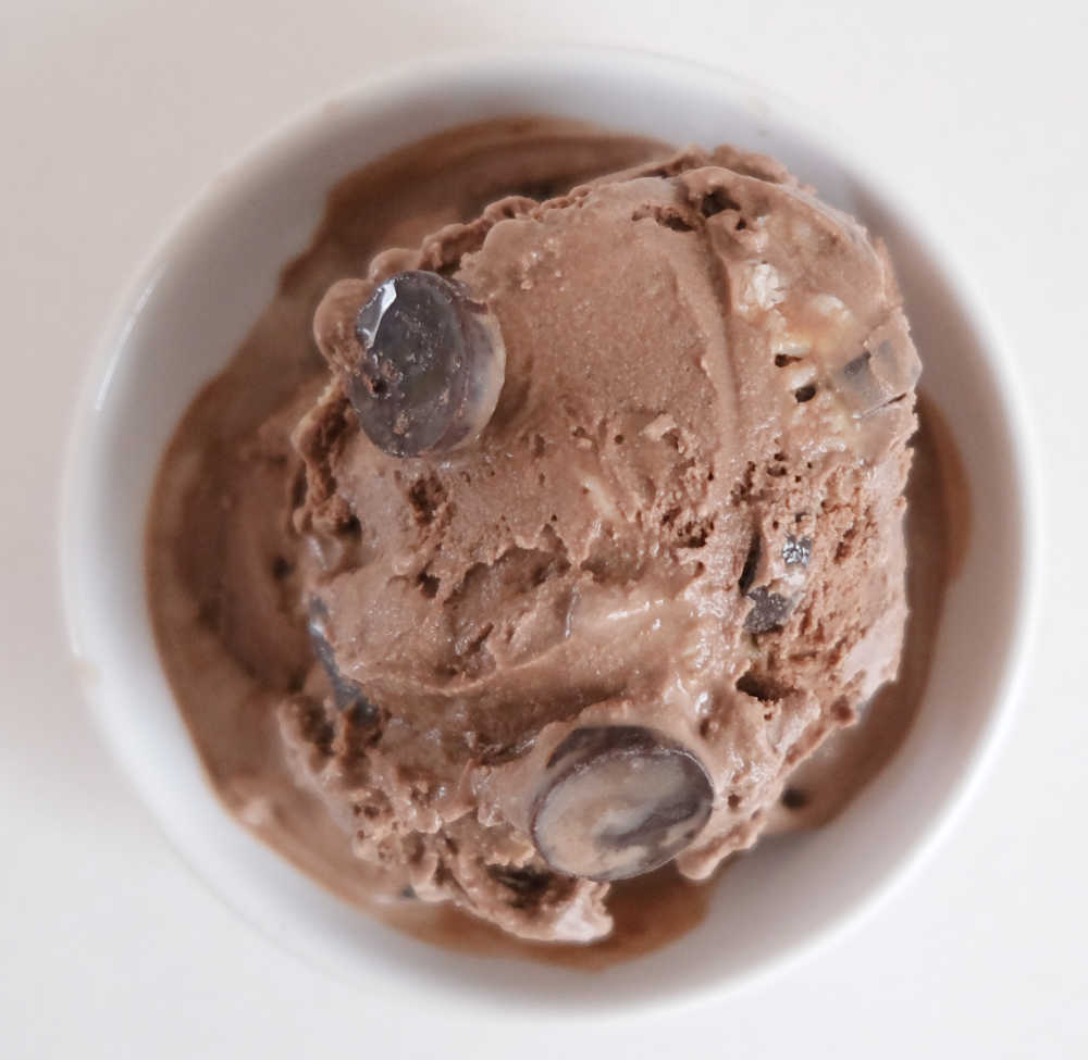 Top down photo of B&J Chocolatey Love A-Fair Ice Cream in a bowl.