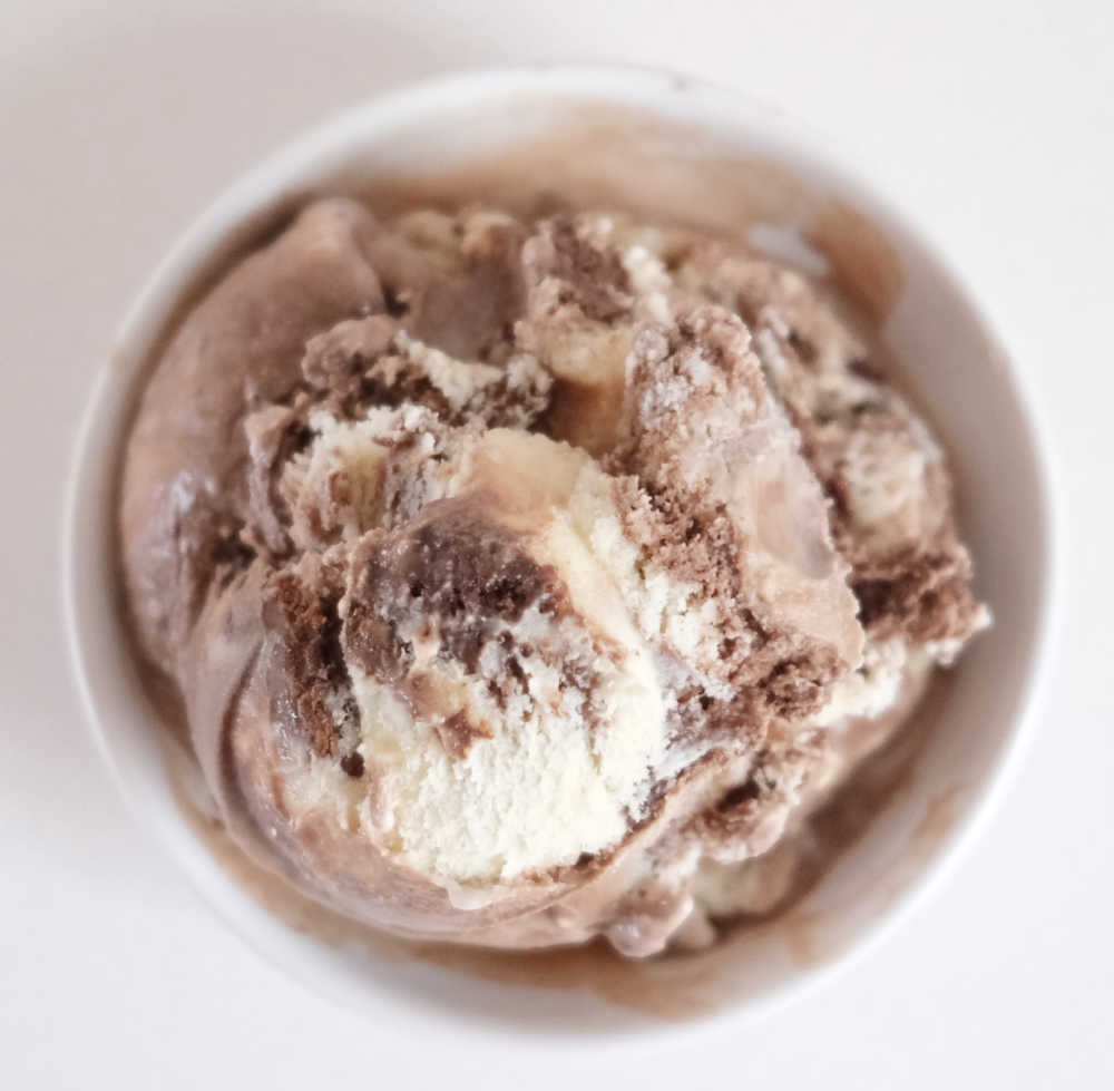 Top down picture of a bowl of Half Baked ice cream.