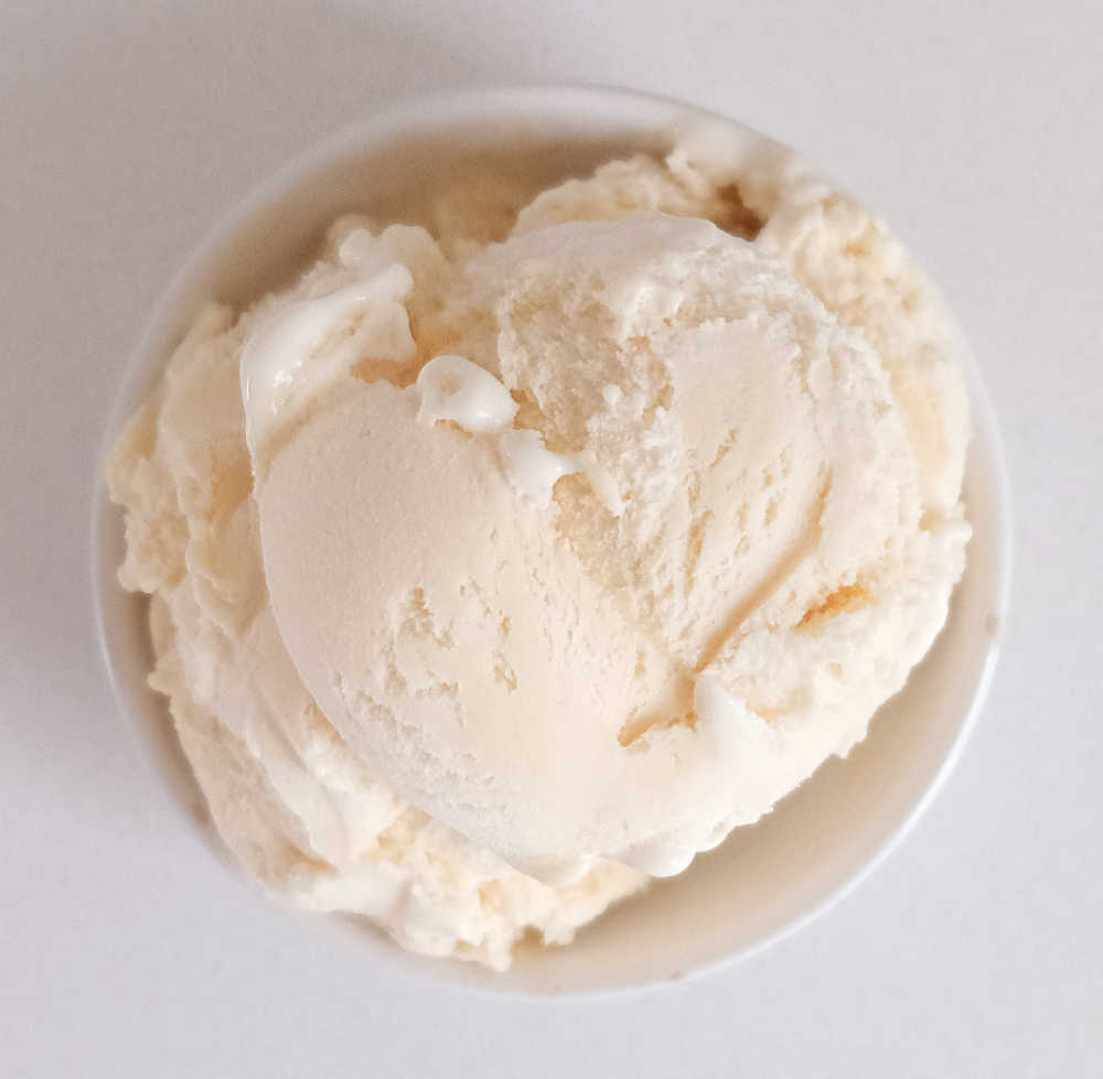 Top down photo of Monarc Silver Scoop Vanilla Ice Cream in a bowl.
