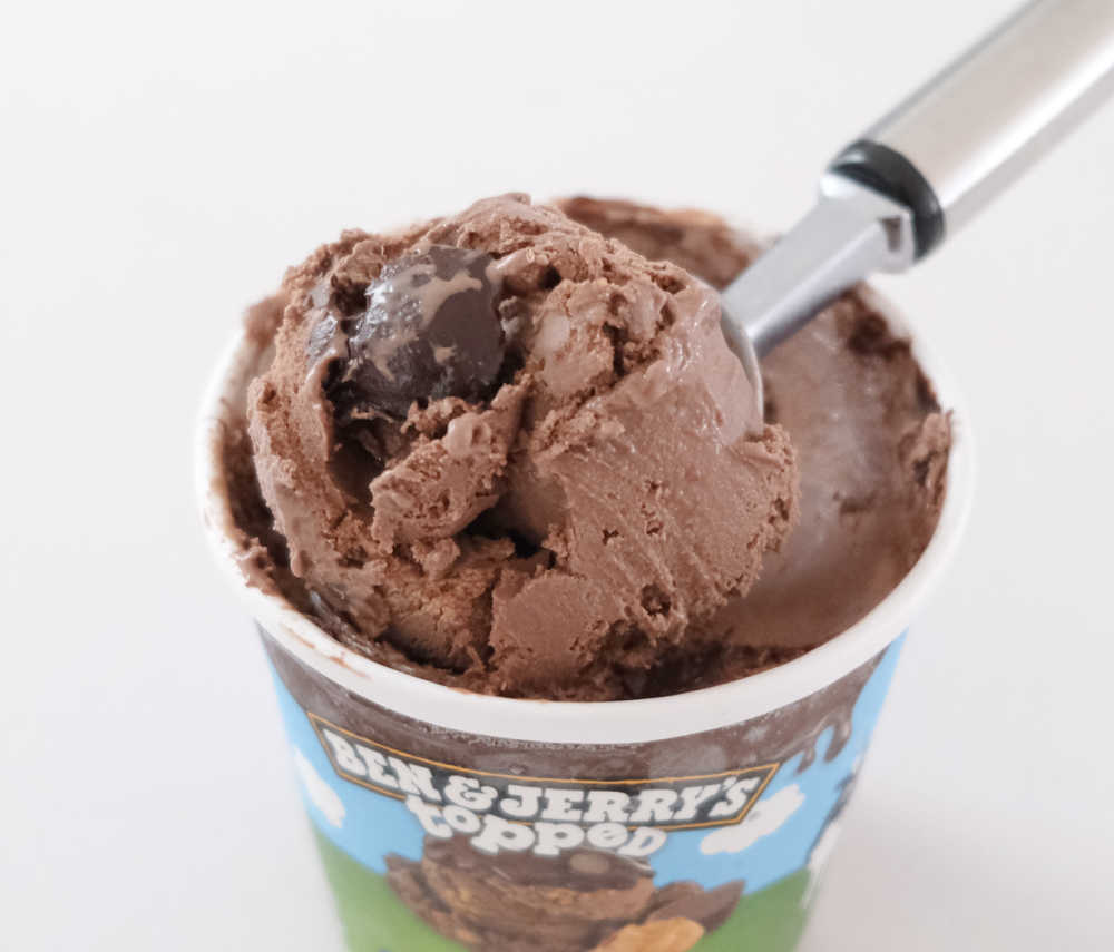Closeup of a scoop of Ben & Jerry's PB Over the Top.