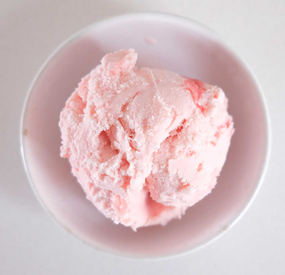 Top down photo of a bowl of Camarosa Strawberry Ice Cream.