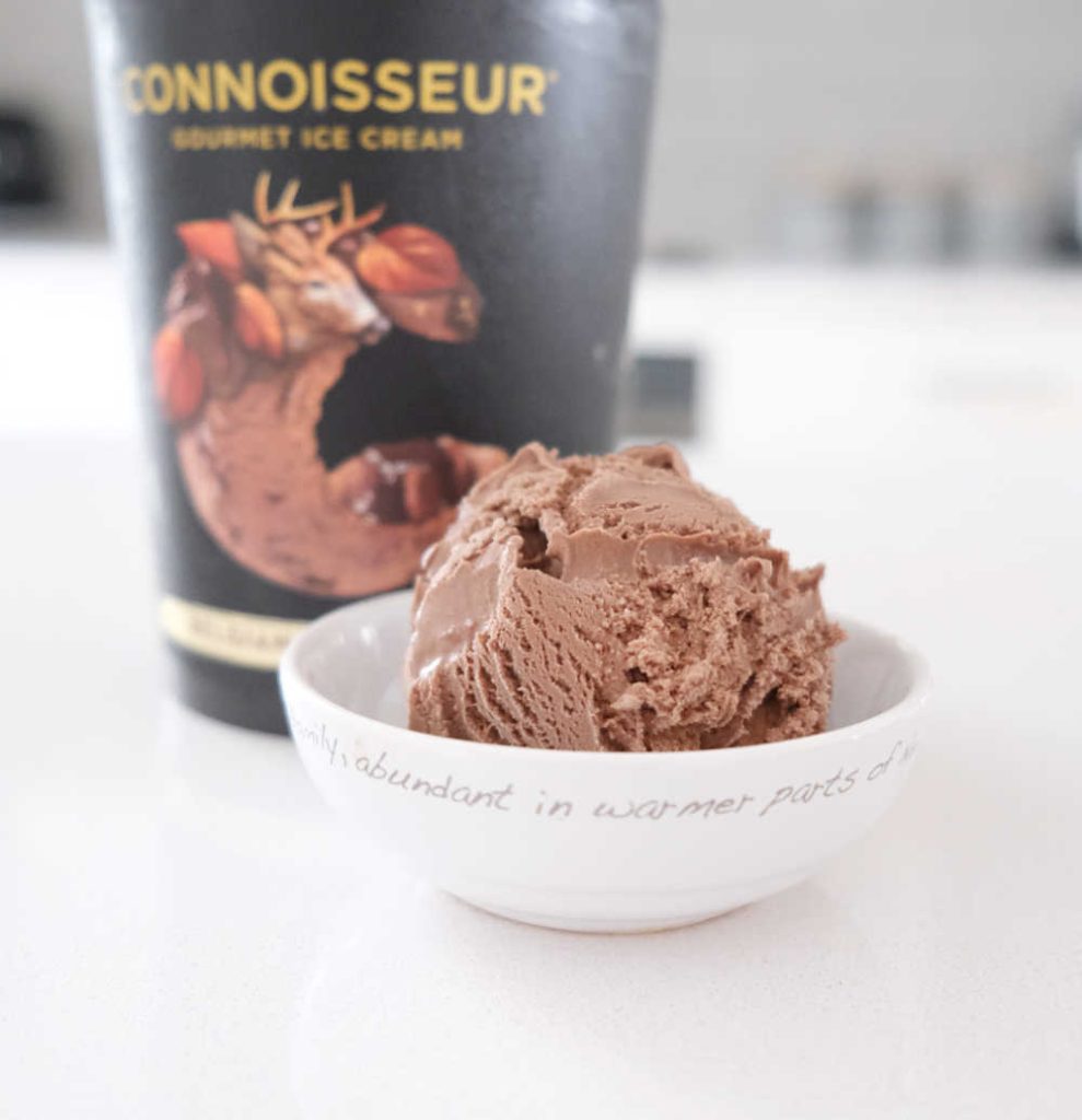 A bowl of Connoisseur Belgian Chocolate Ice Cream.