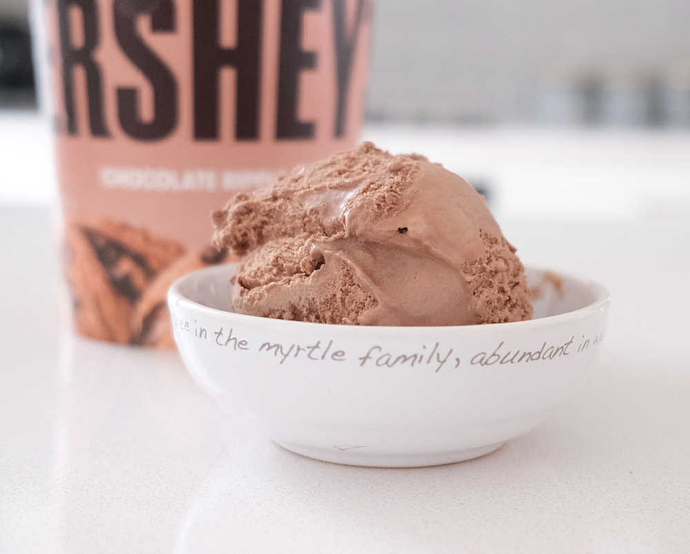 A bowl of Hershey's Chocolate Ripple Frozen Dessert with the container in the background.