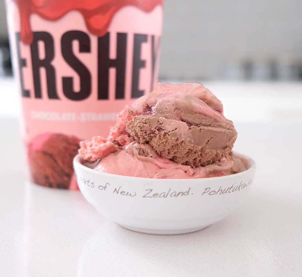 A bowl of Chocolate-Strawberry Ripple by Hershey's.