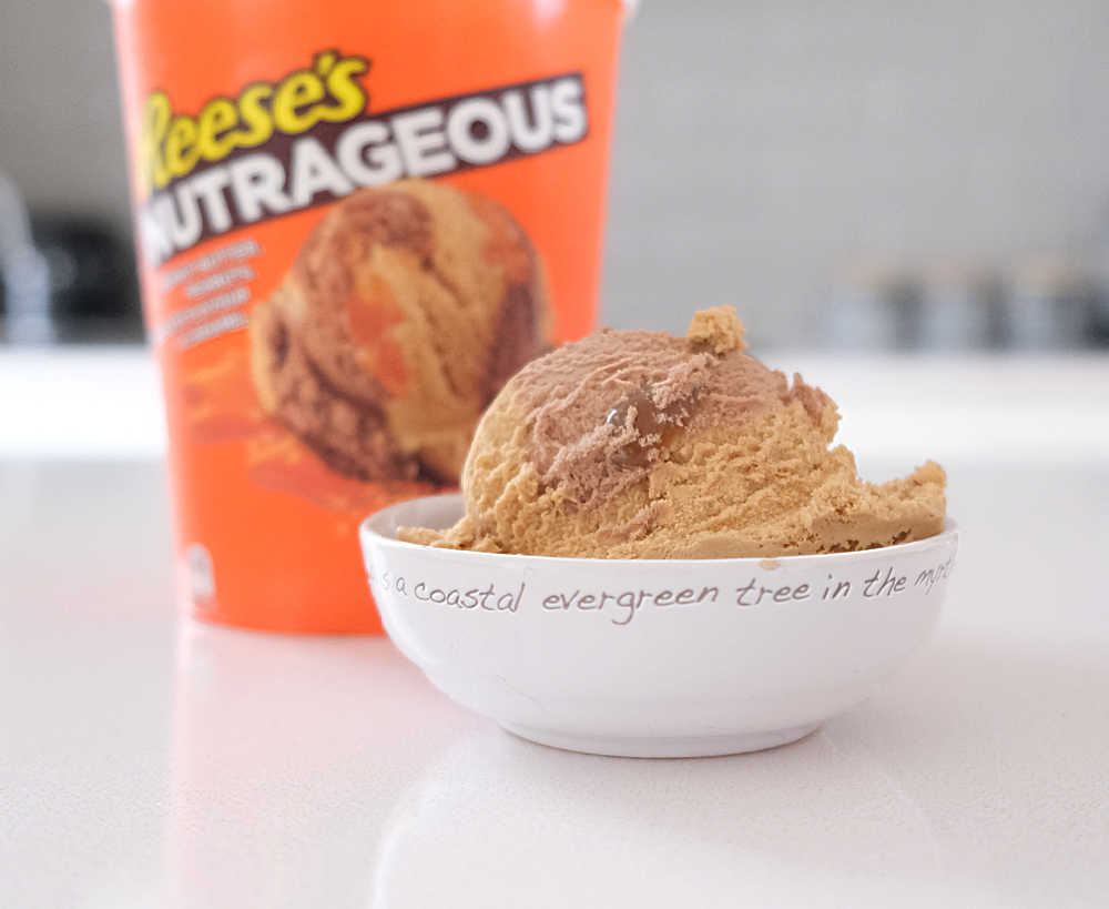 A bowl of Reese's Nutrageous frozen dessert with the packaging in the background.