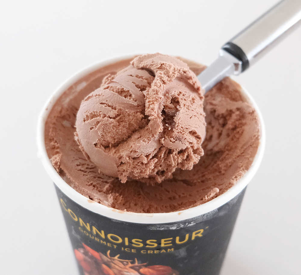 A closeup of a scoop of Connoisseur Belgian Chocolate.