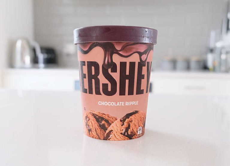 A pack of Hershey's Chocolate Ripple Ice Cream on a kitchen bench.
