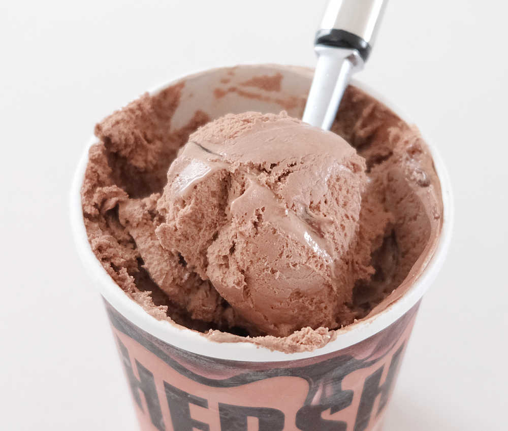 A closeup scoop of Hershey's Chocolate Ripple Low Fat Ice Cream.