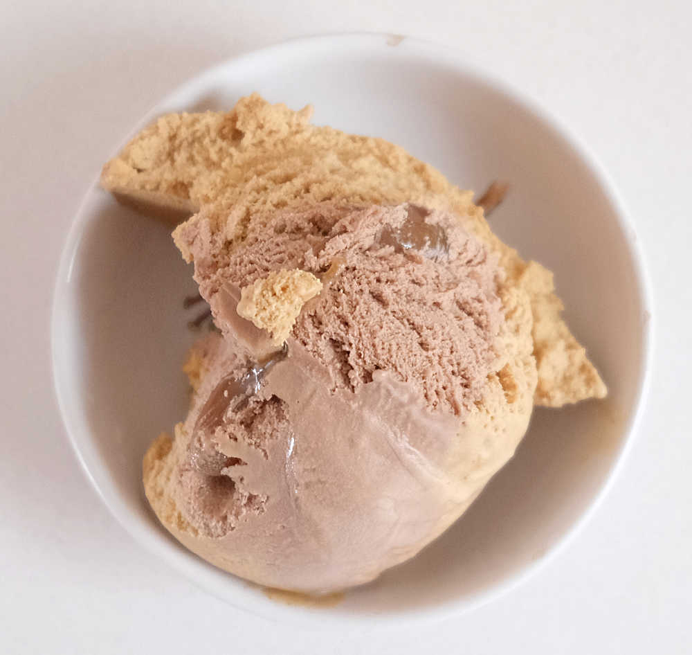 Top down photo of a bowl of Reese's Nutrageous showing the sauce.