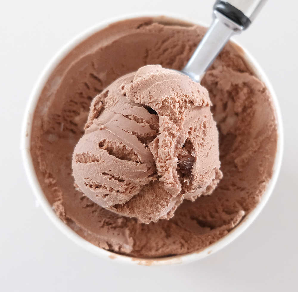 Bird's eye view of a pack of Connoisseur Belgian Chocolate with the scoop on top.